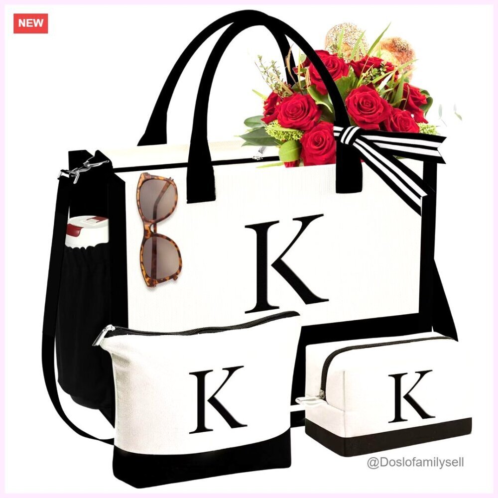 Canvas Tote Bag with Makeup Pouches Personalized Initials Adjustable Strap
